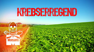 Über einem Acker ist der Schriftzug "krebserregend" zu lesen. Dazu ein Totenkopf mit dem Schriftzug "Monsanto"