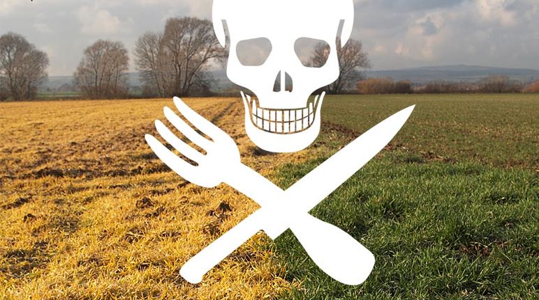 Ein Totenkopfprint mit Besteck-Knochen über den toten Feldern
