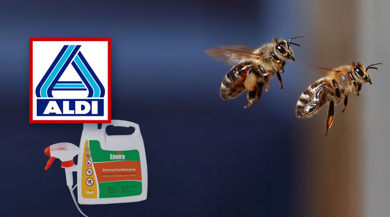 Über einem Insektenspray prangt das Logo von Aldi. Zwei ins Bild montierte Bienen scheinen davonzufliegen