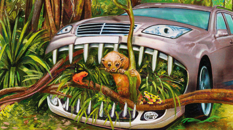 Illustriertes Auto frisst Regenwald auf