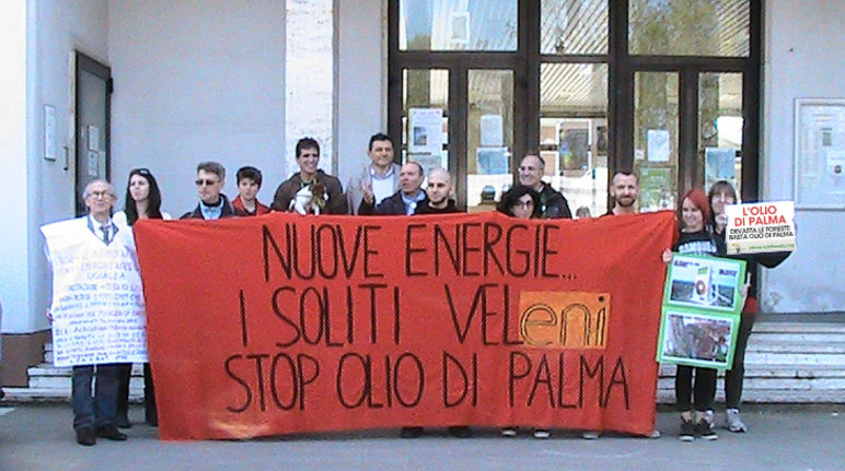 Umweltschützer mit ihren Protestbannern vor dem Rathaus von Maghera