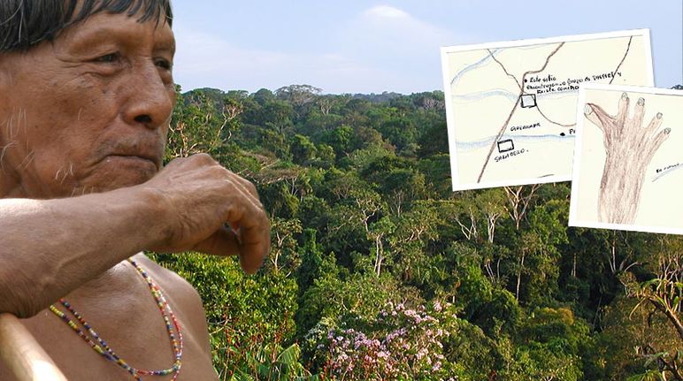 Regenwaldindianer vor Yasunis Regenwald und Karten