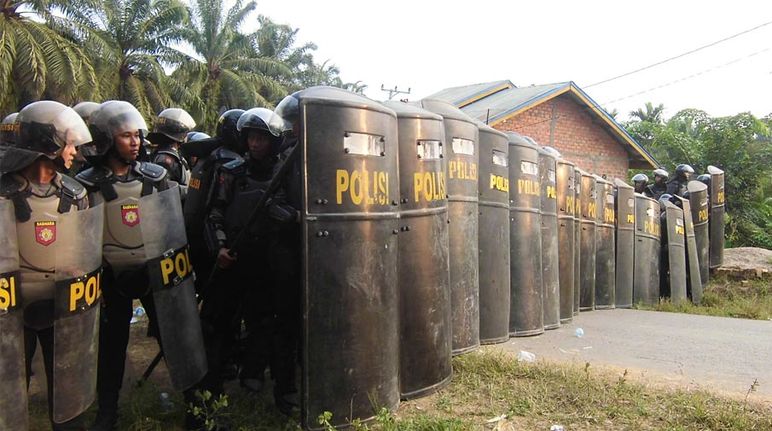 Die Polizei riegelte den Zugang zur Palmölplantage von Asiatic Persada ab Polizeibrigade in Indonesien auf einer Palmöl-Plantage