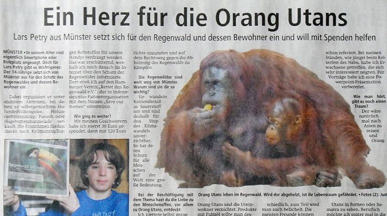 Ein Interview über die Orang-Utans und ihren Regenwald Zeitungsausschnitt