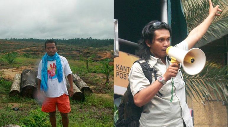 Nordin von Save our Borneo vor einem abgeholzten Regenwald. Feri Irawan mit Lautsprecher auf einer Demo