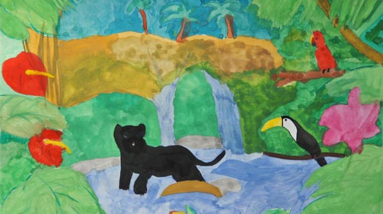 „Tiere an der Wasserstelle” Wassermalfarbenbild vom Regenwald