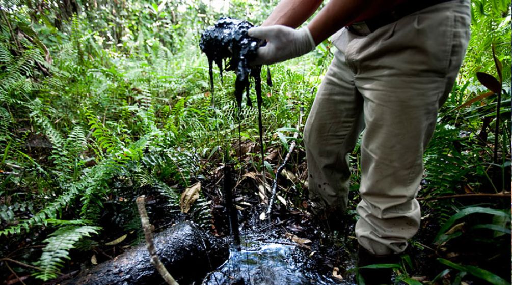 Erdöl vergiftet Amazonas (Foto: http://thepeoplesrecord.com) Mann hat ölverschmierte Amazonaserde in der Hand