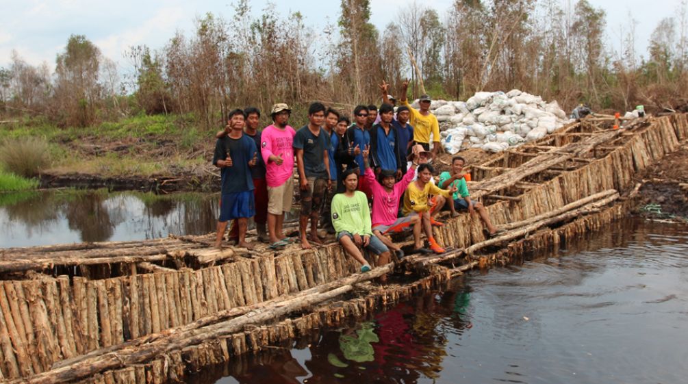 Umweltschützer stehen auf einem Damm, den sie aus Holz gebaut haben, um einen Kanal zu blockieren