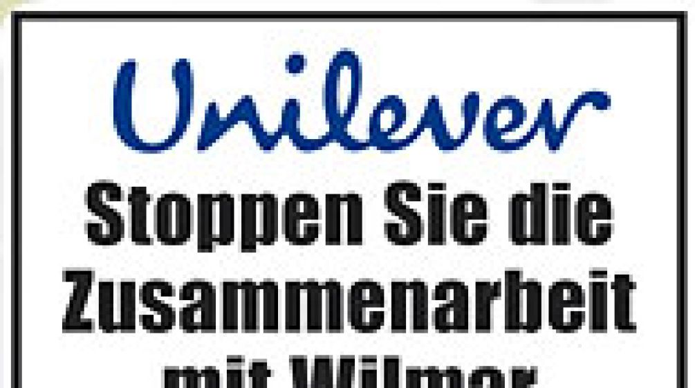 Schild: Unilever Stoppen Sie die Zusammenarbeit mit Wilmar
