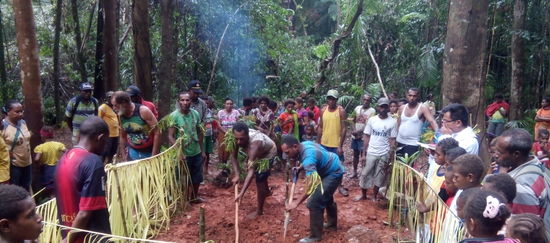 Die Indigenen Papuas stehen im Kreis und beobachten ein Ritual zum Schutz des Territoriums