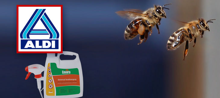 Über einem Insektenspray prangt das Logo von Aldi. Zwei ins Bild montierte Bienen scheinen davonzufliegen